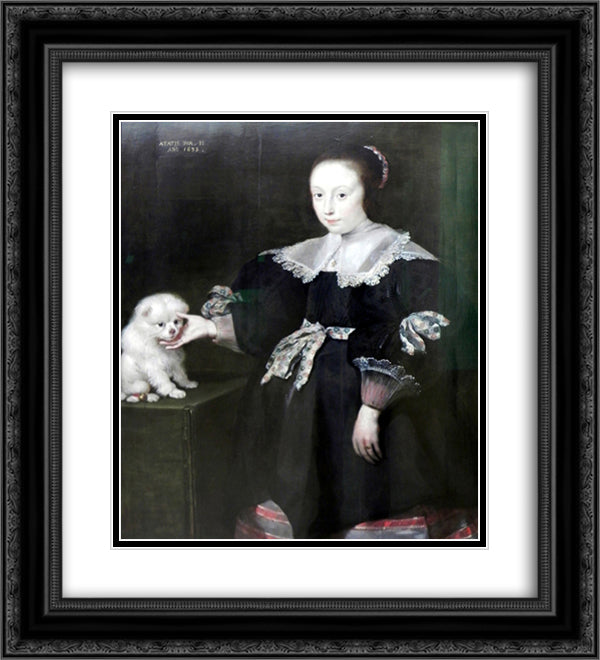 Portrait of an eleven year old girl with a dog, dressed in Spanish fashion 20x22 Black Ornate Wood Framed Art Print Poster with Double Matting by Vos, Cornelis de