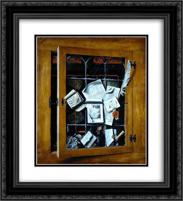 A trompe l'oeil of an open glazed cupboard door, with numerous papers and objects 20x22 Black Ornate Wood Framed Art Print Poster with Double Matting by Gysbrechts, Cornelis Norbertus