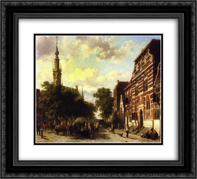A Busy Market in Veere with the Clocktower of the Town Hall Beyond 22x20 Black Ornate Wood Framed Art Print Poster with Double Matting by Springer, Cornelis