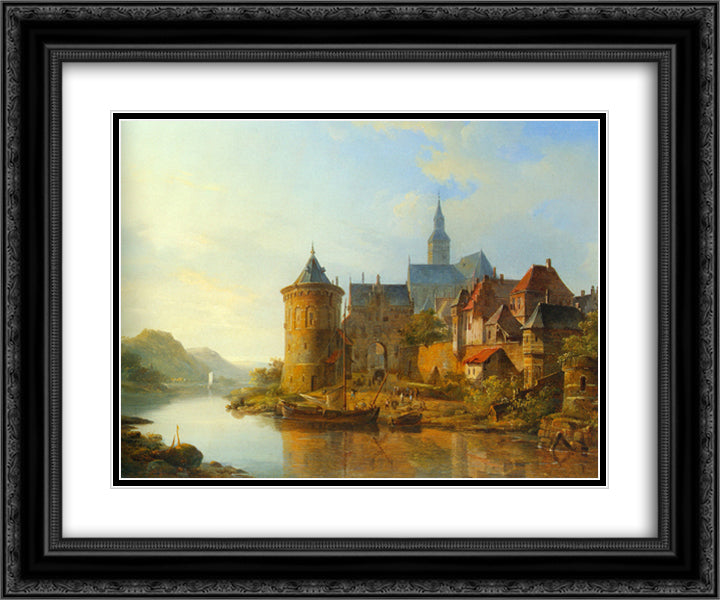 A View of a Town along the Rhine 24x20 Black Ornate Wood Framed Art Print Poster with Double Matting by Springer, Cornelis