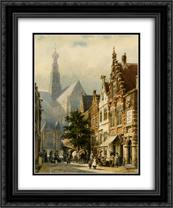 Many figures in the streets of Haarlem 20x24 Black Ornate Wood Framed Art Print Poster with Double Matting by Springer, Cornelis