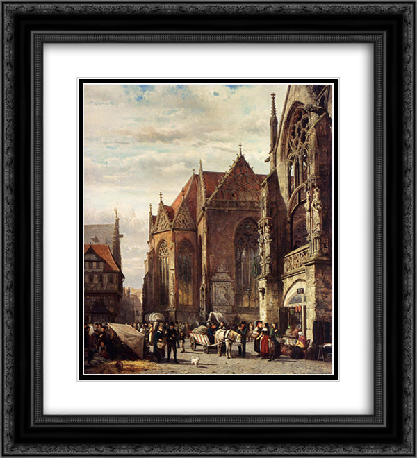 Many Figures On The Market Square In Front Of The Martinikirche, Braunschweig 20x22 Black Ornate Wood Framed Art Print Poster with Double Matting by Springer, Cornelis