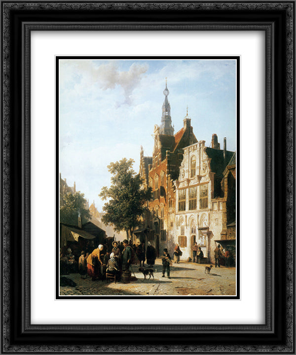 Marketview with cityhall Woerden 20x24 Black Ornate Wood Framed Art Print Poster with Double Matting by Springer, Cornelis