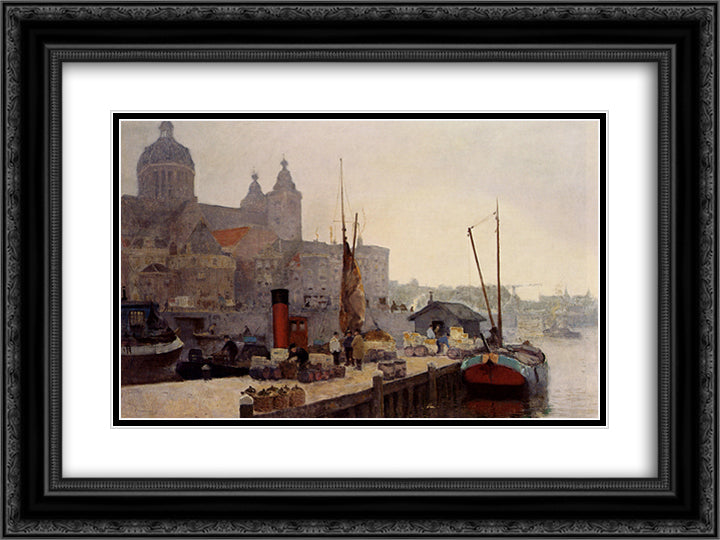 A View Of Amsterdam With The St. Nicolaas Church 24x18 Black Ornate Wood Framed Art Print Poster with Double Matting by Vreedenburgh, Cornelis