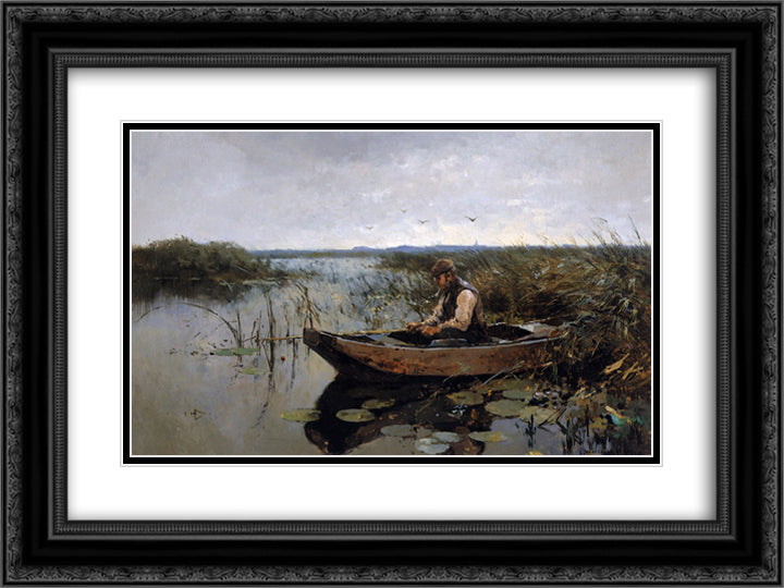Fisherman on a poldercanal 24x18 Black Ornate Wood Framed Art Print Poster with Double Matting by Vreedenburgh, Cornelis