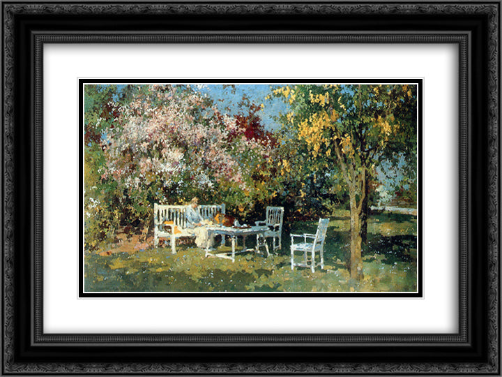 Garden With Blossoming Trees 24x18 Black Ornate Wood Framed Art Print Poster with Double Matting by Vreedenburgh, Cornelis