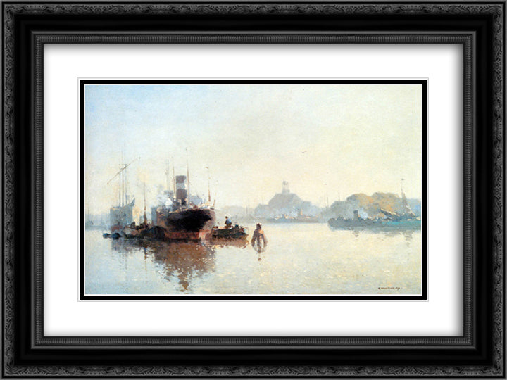 Harbour At Amsterdam 24x18 Black Ornate Wood Framed Art Print Poster with Double Matting by Vreedenburgh, Cornelis