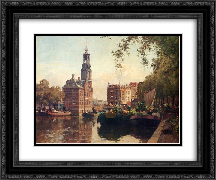 The Flowermarket On The Singel, Amsterdam, With The Munttoren Beyond 24x20 Black Ornate Wood Framed Art Print Poster with Double Matting by Vreedenburgh, Cornelis