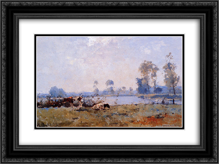 View On The Ijssel Near Hattem 24x18 Black Ornate Wood Framed Art Print Poster with Double Matting by Vreedenburgh, Cornelis