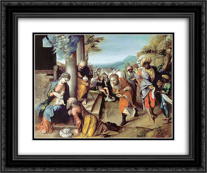 Adoration of the Magi 24x20 Black Ornate Wood Framed Art Print Poster with Double Matting by Correggio