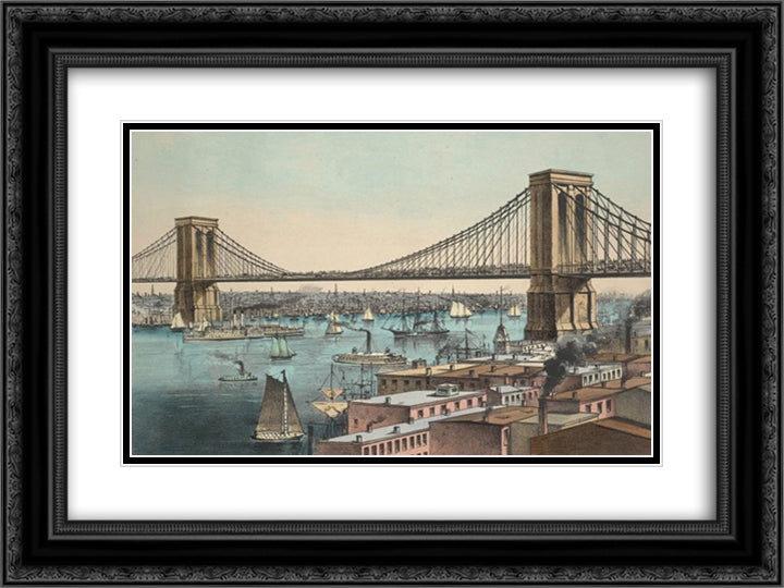 The Great East River Bridge 24x18 Black Ornate Wood Framed Art Print Poster with Double Matting by Currier and Ives