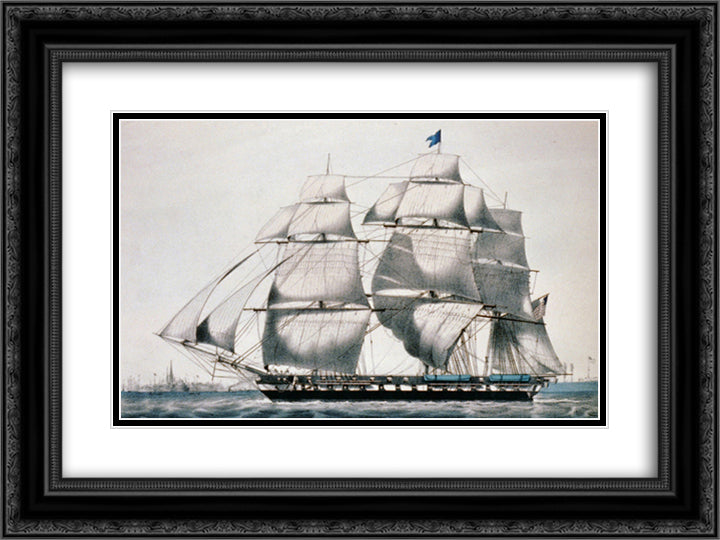 U.S. Frigate Cumberland, 54 Guns. The flag ship of the Gulf Squadron, Com. Perry 24x18 Black Ornate Wood Framed Art Print Poster with Double Matting by Currier and Ives