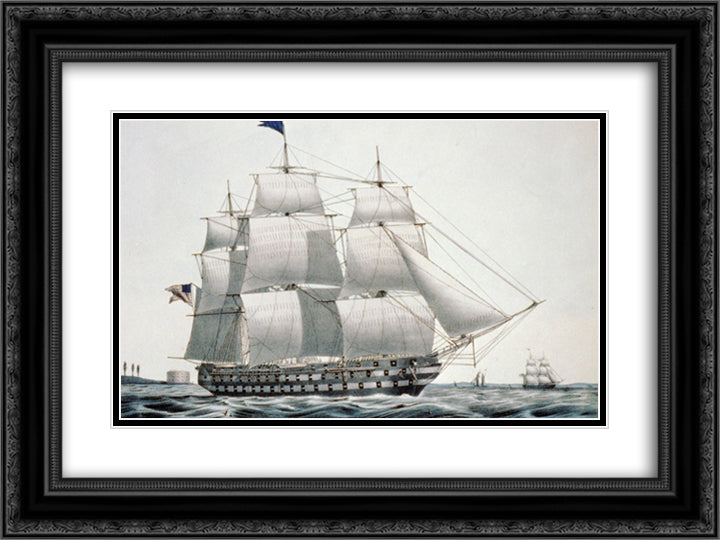 U.S. ship of the line Ohio 104 guns 24x18 Black Ornate Wood Framed Art Print Poster with Double Matting by Currier and Ives
