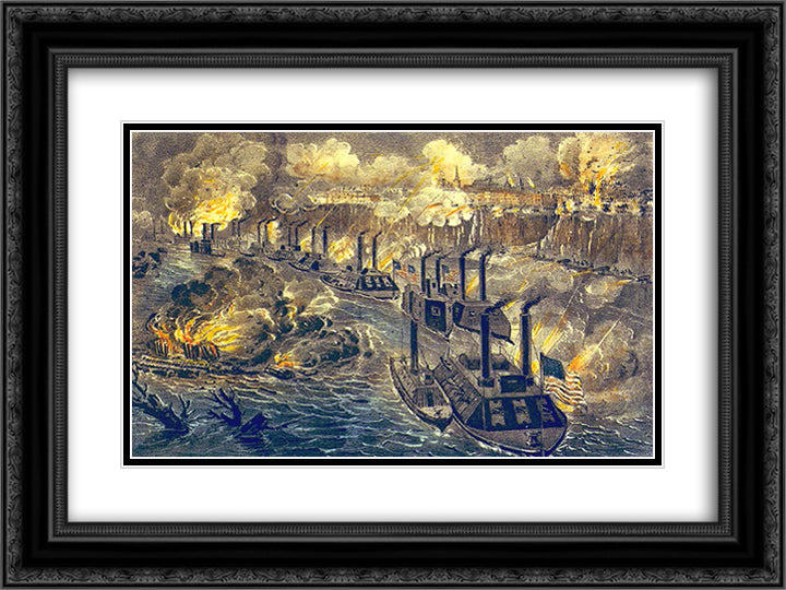 Vicksburg, 1863 24x18 Black Ornate Wood Framed Art Print Poster with Double Matting by Currier and Ives