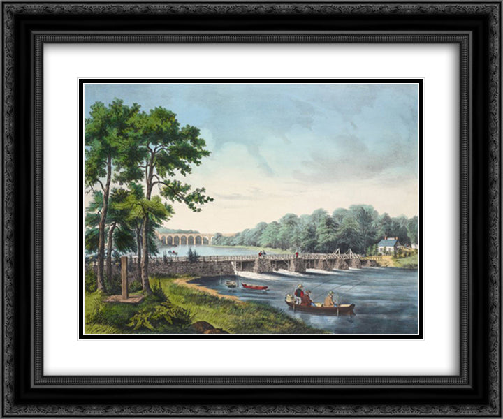 View on the Harlem River 24x20 Black Ornate Wood Framed Art Print Poster with Double Matting by Currier and Ives
