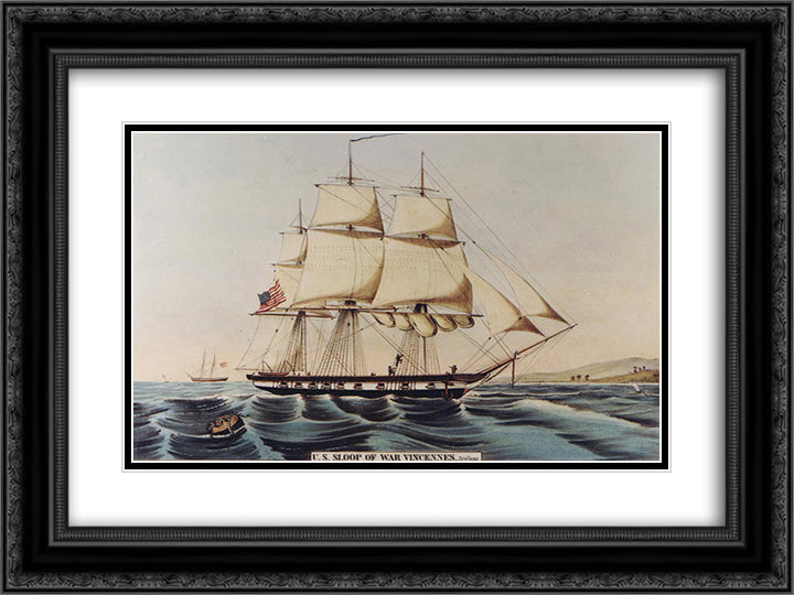 Vincennes Sloop 24x18 Black Ornate Wood Framed Art Print Poster with Double Matting by Currier and Ives