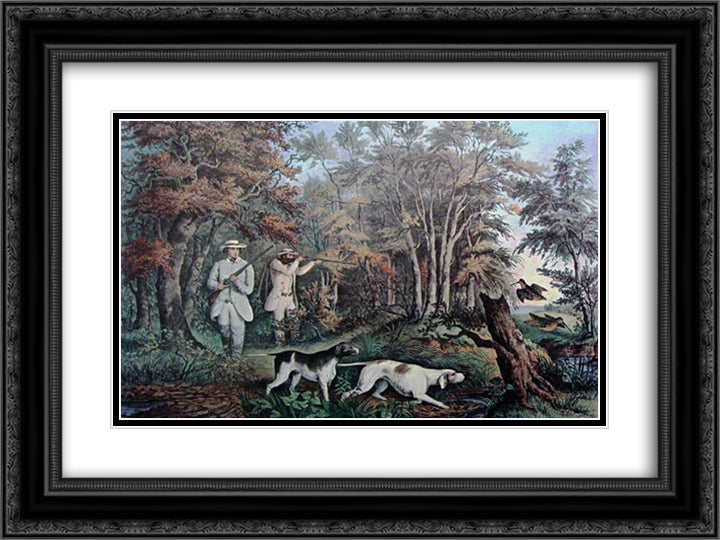 Woodcock Shooting 24x18 Black Ornate Wood Framed Art Print Poster with Double Matting by Currier and Ives