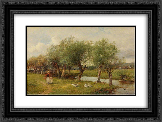 Feeding the Geese 24x18 Black Ornate Wood Framed Art Print Poster with Double Matting by Bates, David