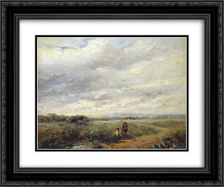 River Scene with Boys Fishing 24x20 Black Ornate Wood Framed Art Print Poster with Double Matting by Cox, David