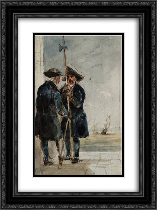 Two Naval Pensioners with Shipping Behind 18x24 Black Ornate Wood Framed Art Print Poster with Double Matting by Cox, David