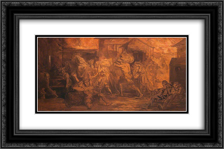 The Fire of London 24x16 Black Ornate Wood Framed Art Print Poster with Double Matting by Scott, David