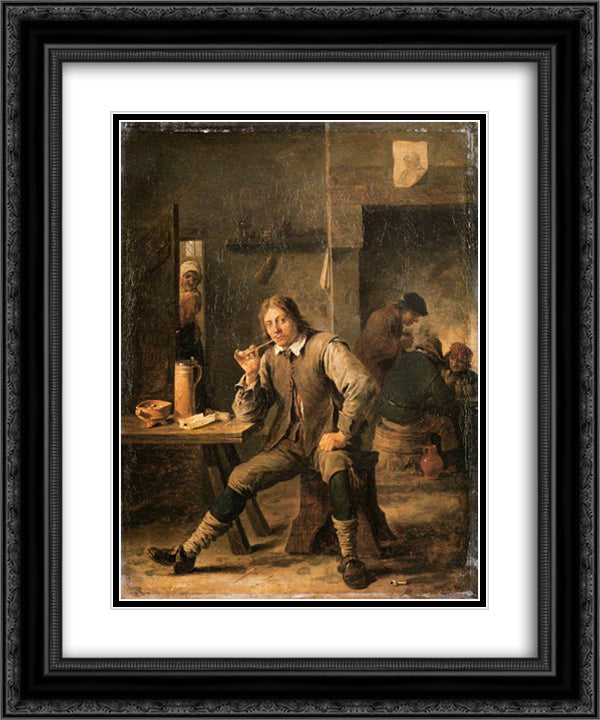 A Smoker Leaning on a Table 20x24 Black Ornate Wood Framed Art Print Poster with Double Matting by Teniers the Younger, David