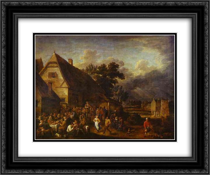 Great Village Feast with a Dancing Couple 24x20 Black Ornate Wood Framed Art Print Poster with Double Matting by Teniers the Younger, David