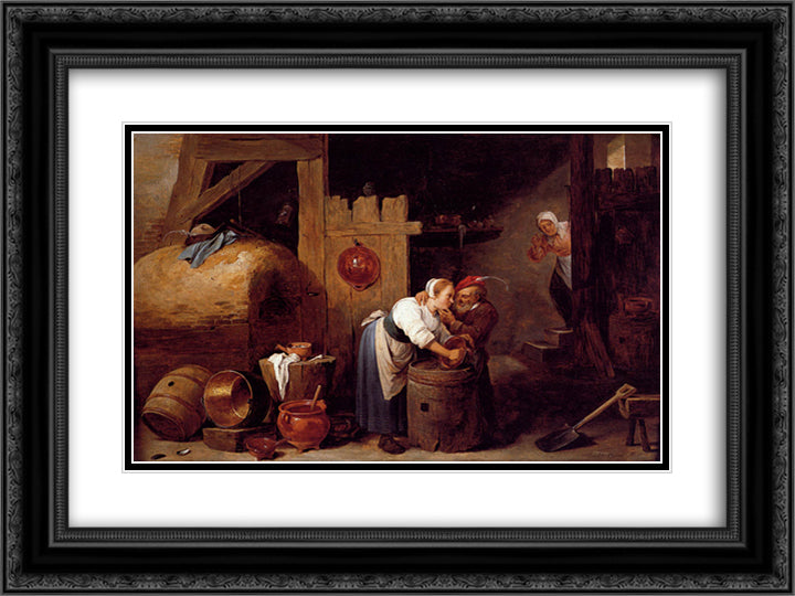 Interior scene with a young woman scrubbing pots while an old man makes advances 24x18 Black Ornate Wood Framed Art Print Poster with Double Matting by Teniers the Younger, David