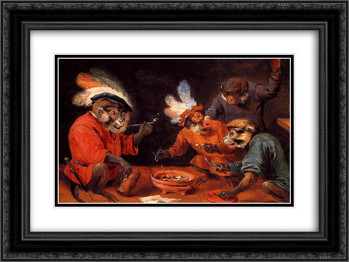 Monkey Tavern 24x18 Black Ornate Wood Framed Art Print Poster with Double Matting by Teniers the Younger, David