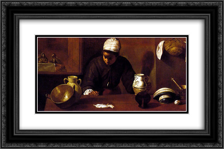 Kitchen Scene with the Supper in Emmaus 24x16 Black Ornate Wood Framed Art Print Poster with Double Matting by Velazquez, Diego