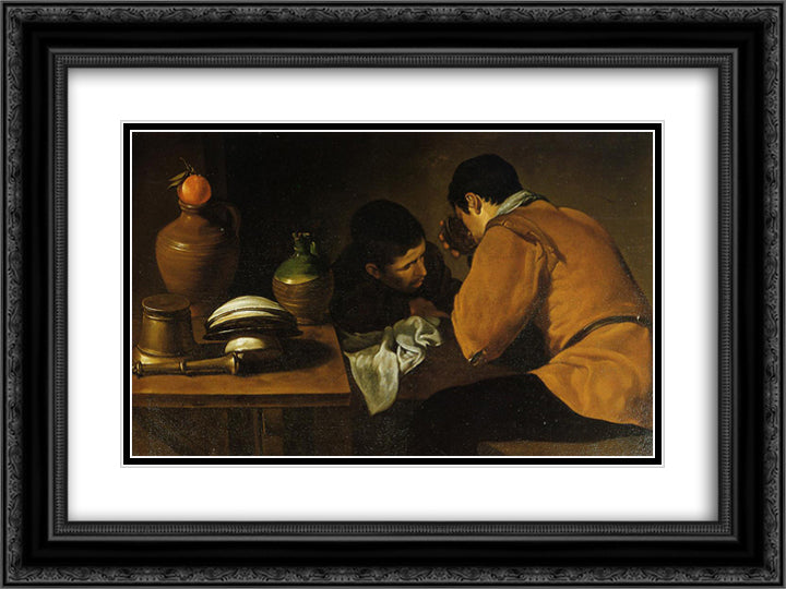 Two Young Men Eating At A Humble Table 24x18 Black Ornate Wood Framed Art Print Poster with Double Matting by Velazquez, Diego