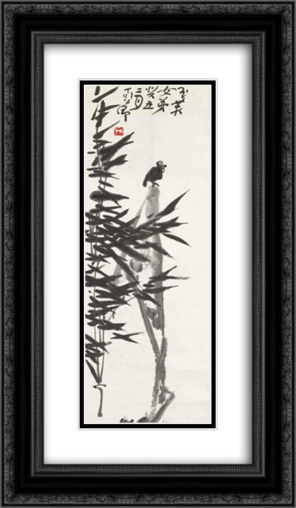 Bamboo and Bird 14x24 Black Ornate Wood Framed Art Print Poster with Double Matting by Yanyong, Ding