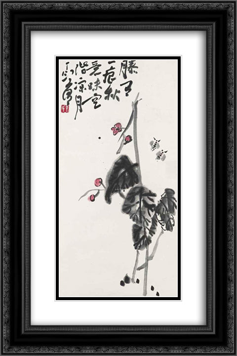 Begonia and Bees 16x24 Black Ornate Wood Framed Art Print Poster with Double Matting by Yanyong, Ding