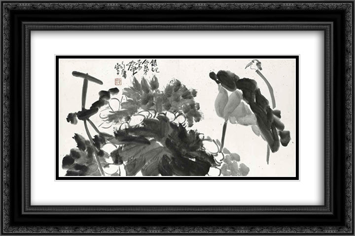 Bird and Lotus 24x16 Black Ornate Wood Framed Art Print Poster with Double Matting by Yanyong, Ding