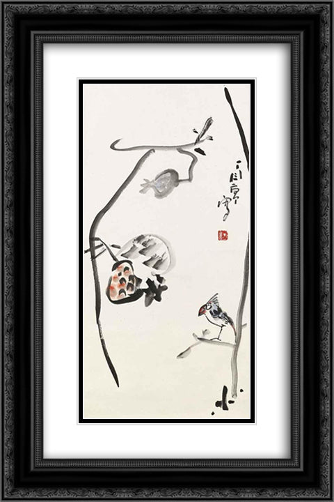 Bird and Pomegranate 16x24 Black Ornate Wood Framed Art Print Poster with Double Matting by Yanyong, Ding