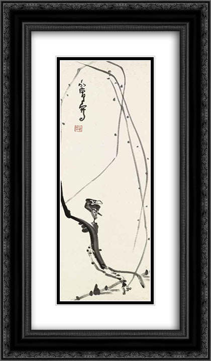 Bird on Willow Branch 14x24 Black Ornate Wood Framed Art Print Poster with Double Matting by Yanyong, Ding