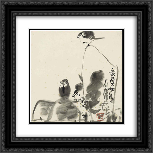 Birds and Rocks 20x20 Black Ornate Wood Framed Art Print Poster with Double Matting by Yanyong, Ding