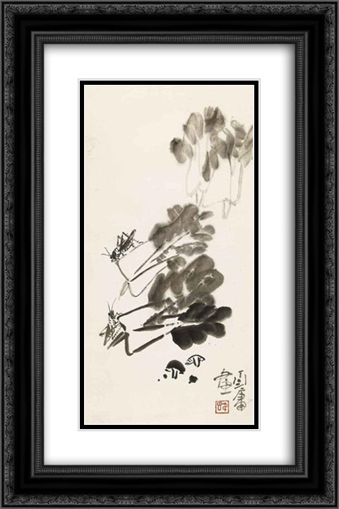 Chinese Cabbage and Crickets 16x24 Black Ornate Wood Framed Art Print Poster with Double Matting by Yanyong, Ding