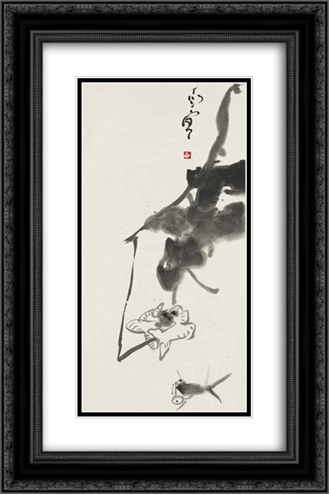 Fish and Lotus 16x24 Black Ornate Wood Framed Art Print Poster with Double Matting by Yanyong, Ding