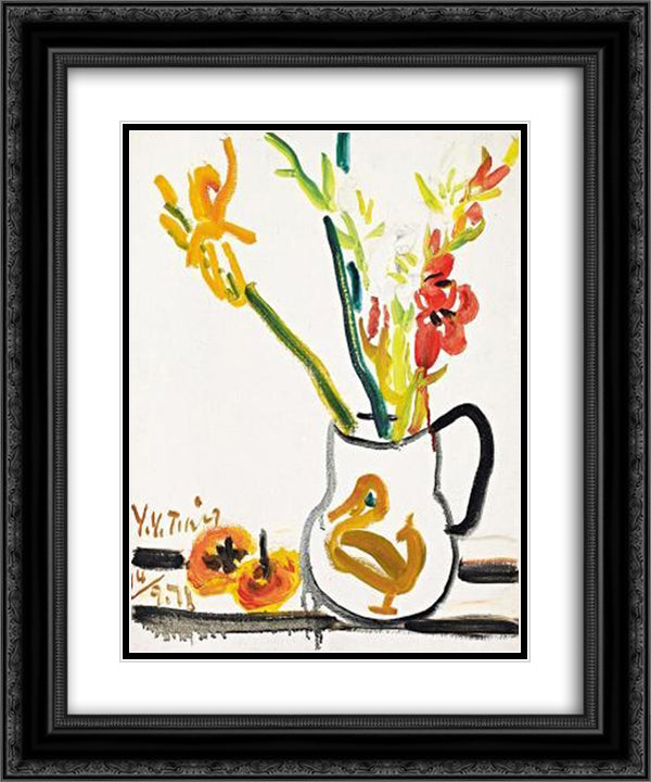 Persimmons and Flowers 20x24 Black Ornate Wood Framed Art Print Poster with Double Matting by Yanyong, Ding