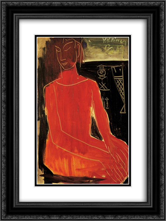 Red Lady 18x24 Black Ornate Wood Framed Art Print Poster with Double Matting by Yanyong, Ding