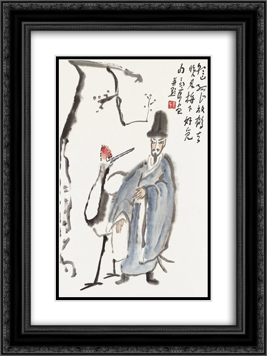 Scholar and Crane 18x24 Black Ornate Wood Framed Art Print Poster with Double Matting by Yanyong, Ding