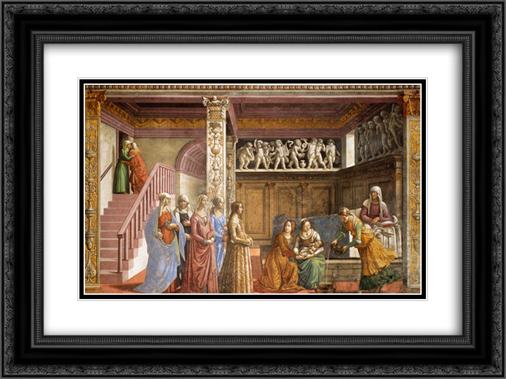 The Birth of Mary 24x18 Black Ornate Wood Framed Art Print Poster with Double Matting by Ghirlandaio, Domenico