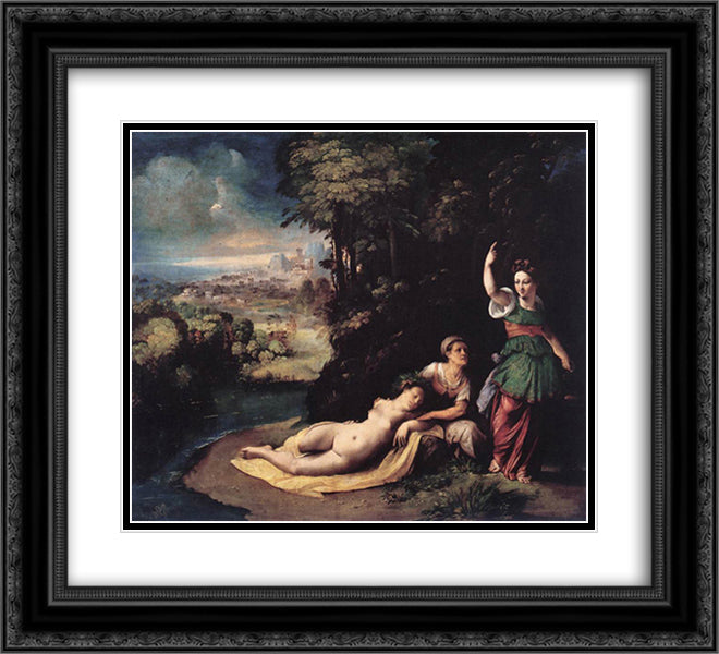 Diana and Calisto 22x20 Black Ornate Wood Framed Art Print Poster with Double Matting by Dosso Dossi