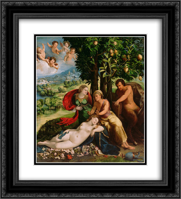Mythological Scene 20x22 Black Ornate Wood Framed Art Print Poster with Double Matting by Dosso Dossi