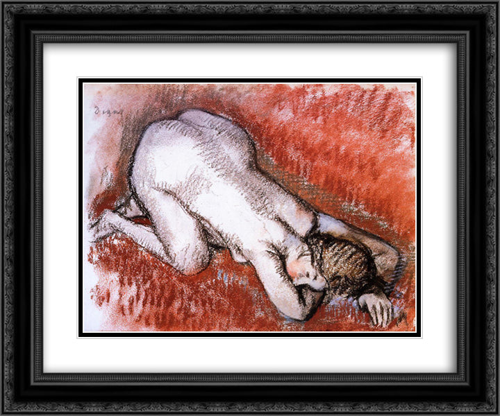Kneeling Nude 24x20 Black Ornate Wood Framed Art Print Poster with Double Matting by Degas, Edgar