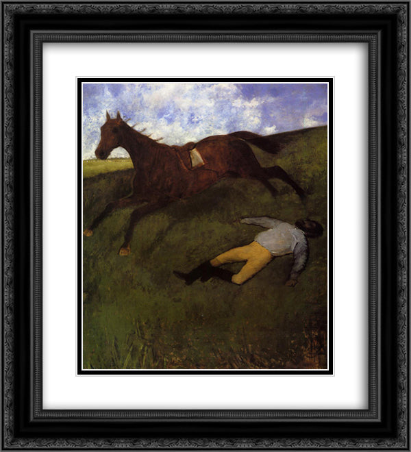 The Fallen Jockey 20x22 Black Ornate Wood Framed Art Print Poster with Double Matting by Degas, Edgar