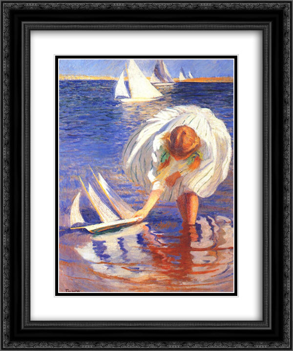 Girl with Sailboat 20x24 Black Ornate Wood Framed Art Print Poster with Double Matting by Tarbell, Edmund Charles