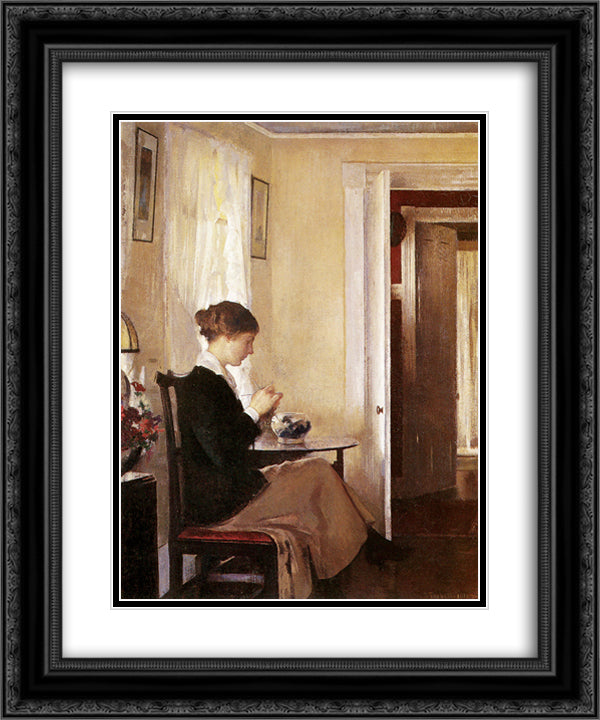 Josephine Knitting 20x24 Black Ornate Wood Framed Art Print Poster with Double Matting by Tarbell, Edmund Charles