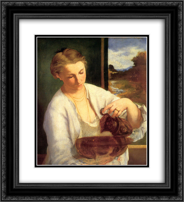 A woman pouring water (Study of Suzanne Leenhoff) 20x22 Black Ornate Wood Framed Art Print Poster with Double Matting by Manet, Edouard